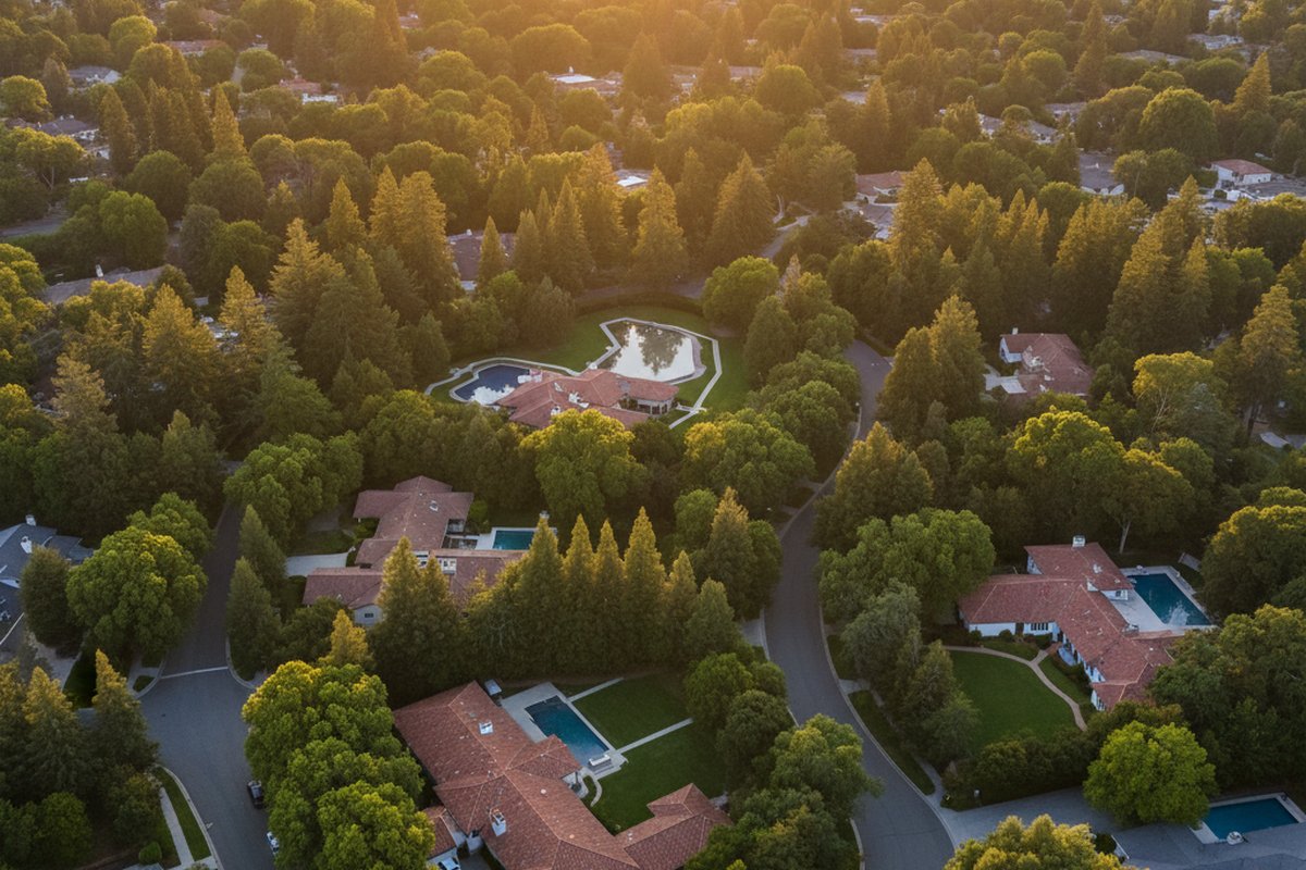 Atherton 航拍视角 — 每户 1 acre 以上，绿树掩映，极致低密度。